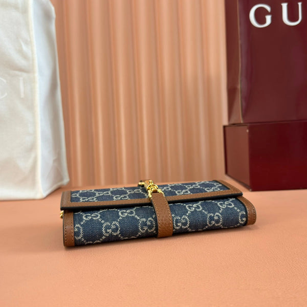 Gucci Jackie Chain Wallet Blue Brown Canvas Leather 255173
