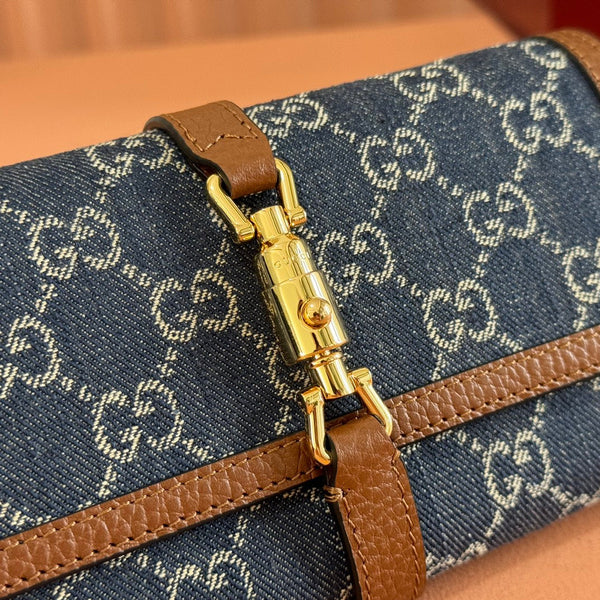 Gucci Jackie Chain Wallet Blue Brown Canvas Leather 255173
