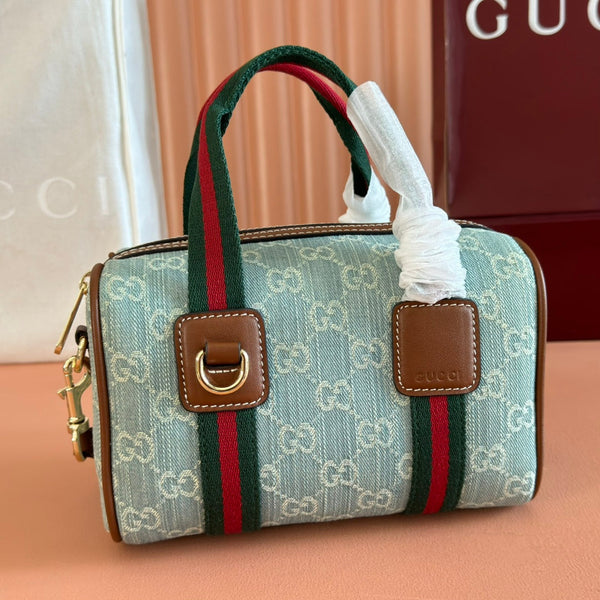 Gucci Boston Bag 20 Blue White Denim Fabric 271893