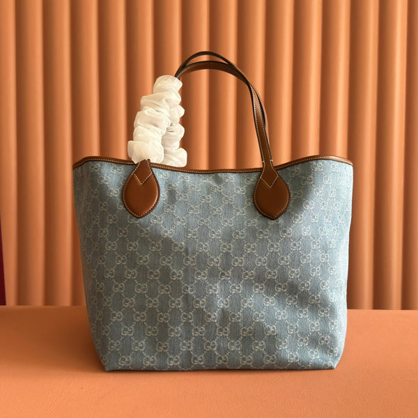 Gucci Totissima Tote Bag Blue White Denim Leather 257930