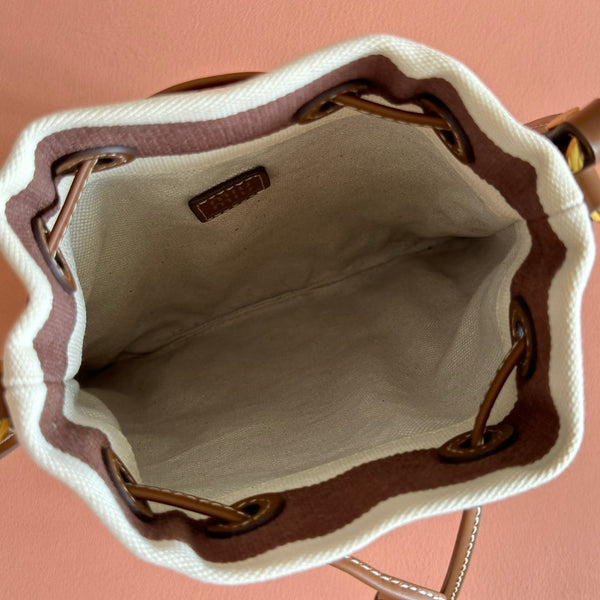 Miu Lucky Striped Bucket Bag Brown Cream Canvas