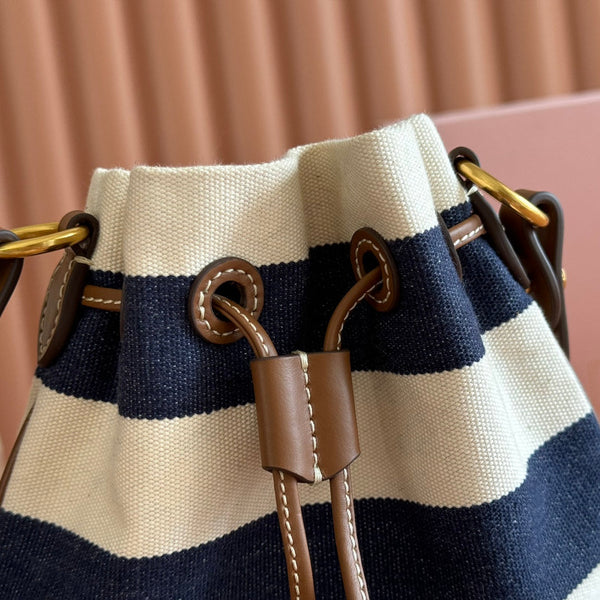 Sac seau rayé Miu Lucky en toile noire et crème
