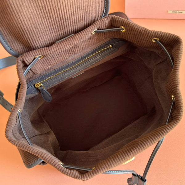 Miu Medium Corduroy Backpack Dark Brown Leather-Trim