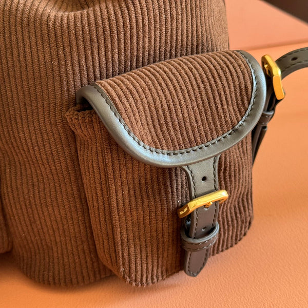 Miu Medium Corduroy Backpack Dark Brown Leather-Trim