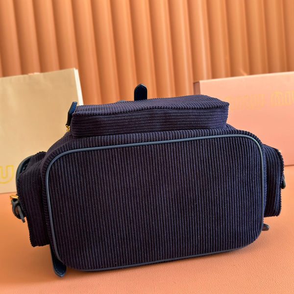 Miu Medium Corduroy Backpack Navy Blue Leather-Trim