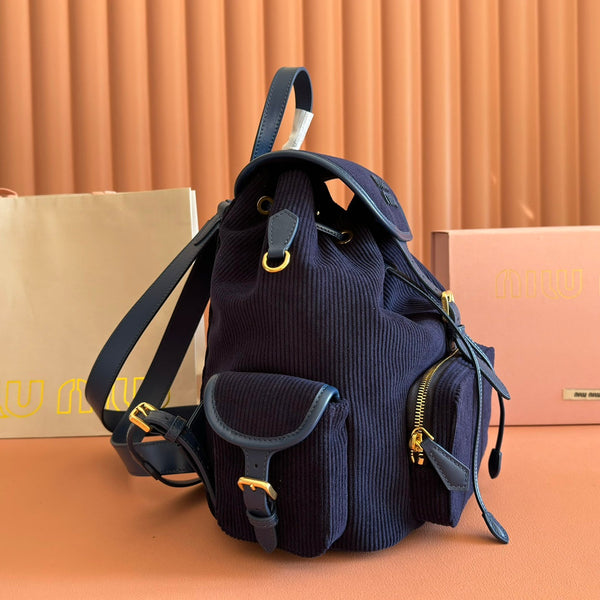 Miu Medium Corduroy Backpack Navy Blue Leather-Trim