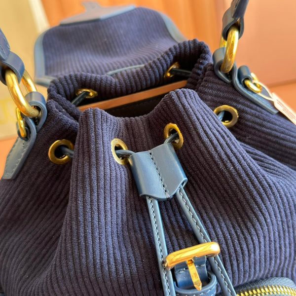 Miu Small Corduroy Backpack Navy Blue Leather-Trim
