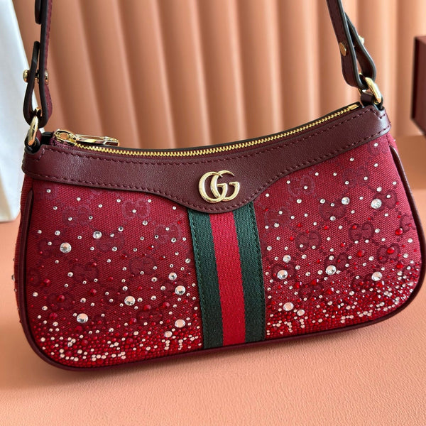 GG Ophidia Crystals Small Shoulder Bag 26cm Burgundy Canvas