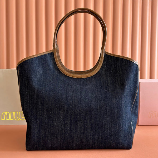 Miu Ivy Tote 40cm Blue Denim Leather 285378