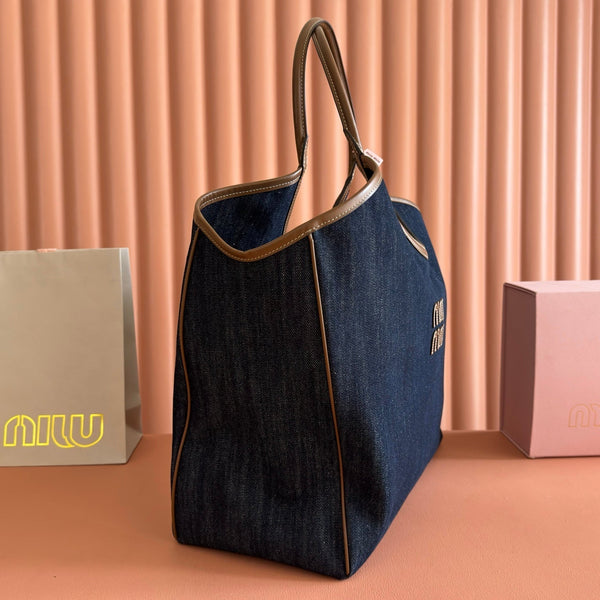 Miu Ivy Tote 40cm Blue Denim Leather 285378
