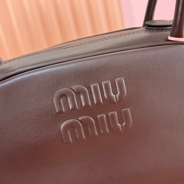 Miu Beau Semi-Circular Bowling Bag Coffee Leather