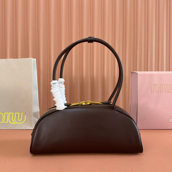 Miu Beau Semi-Circular Bowling Bag Coffee Leather