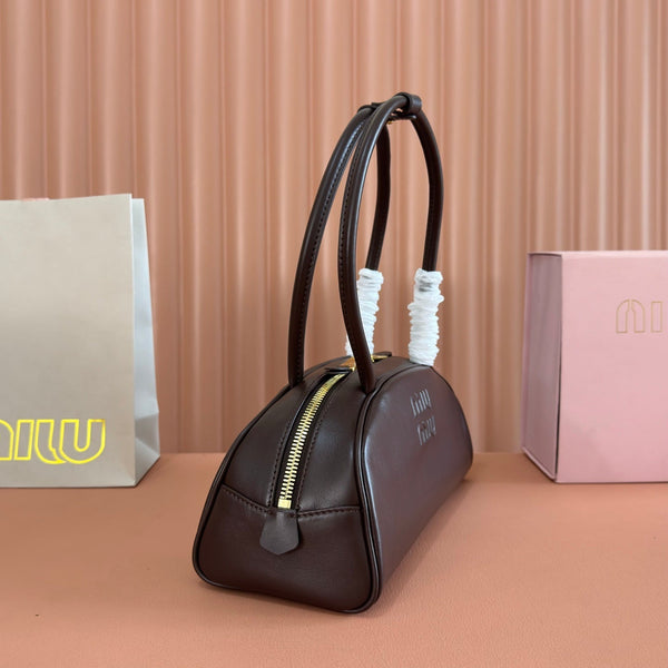Miu Beau Semi-Circular Bowling Bag Coffee Leather
