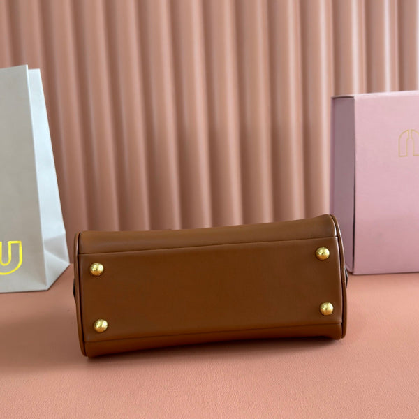 Miu Beau Semi-Circular Small Bowling Bag Tan Brown Leather
