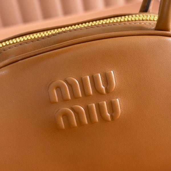 Miu Beau Semi-Circular Small Bowling Bag Tan Brown Leather