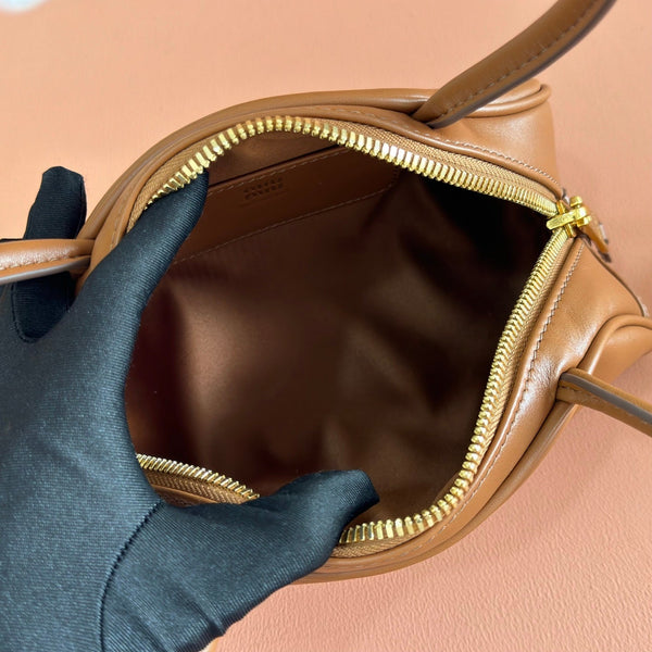 Miu Beau Semi-Circular Small Bowling Bag Tan Brown Leather
