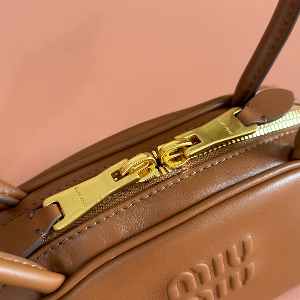 Miu Beau Semi-Circular Small Bowling Bag Tan Brown Leather