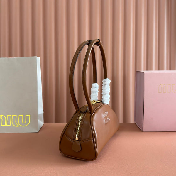 Miu Beau Semi-Circular Small Bowling Bag Tan Brown Leather