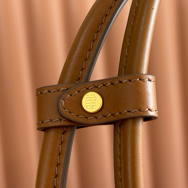 Miu Beau Semi-Circular Small Bowling Bag Tan Brown Leather