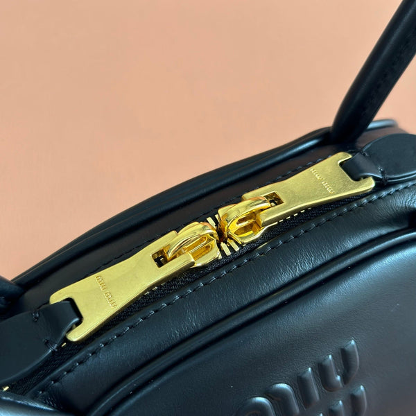 Miu Beau Semi-Circular Small Bowling Bag Black Leather