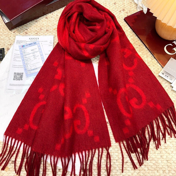 GG Double G Jacquard Scarf 200CM Red Wool 282789