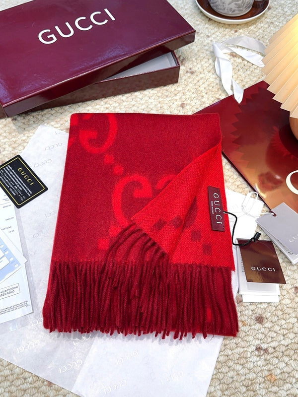 GG Double G Jacquard Scarf 200CM Red Wool 282789