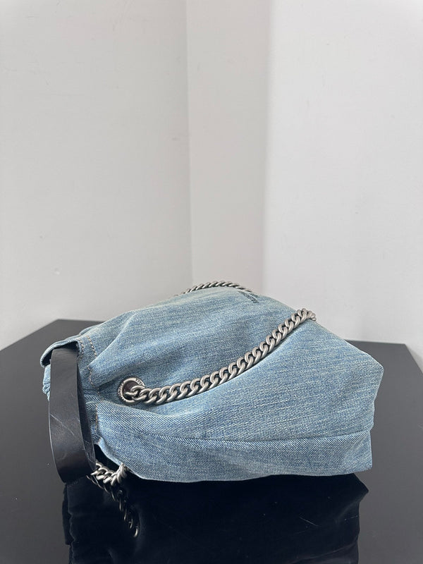 CRUSH SMALL TOTE BAG 26 IN BLUE WASHED DENIM SILVER HARDWARE