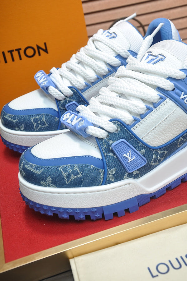 LV TRAINER SNEAKER BLUE MONOGRAM DENIM AND WHITE CALFSKIN