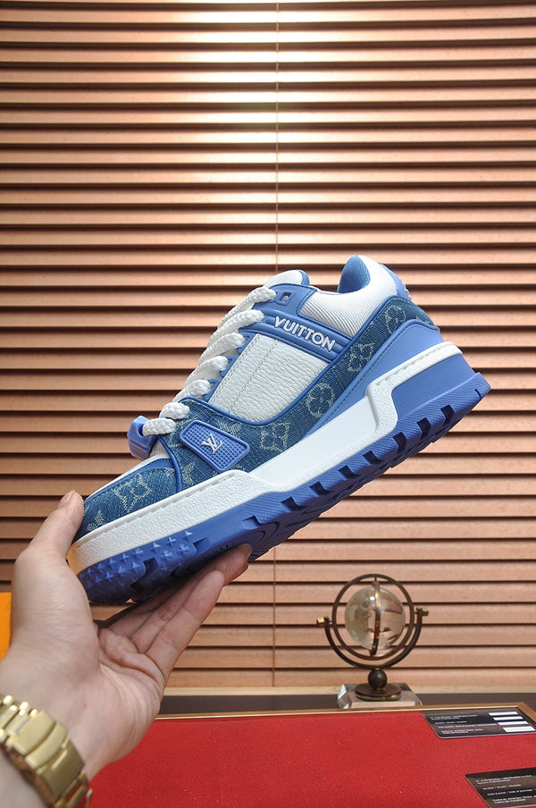 LV TRAINER SNEAKER BLUE MONOGRAM DENIM AND WHITE CALFSKIN