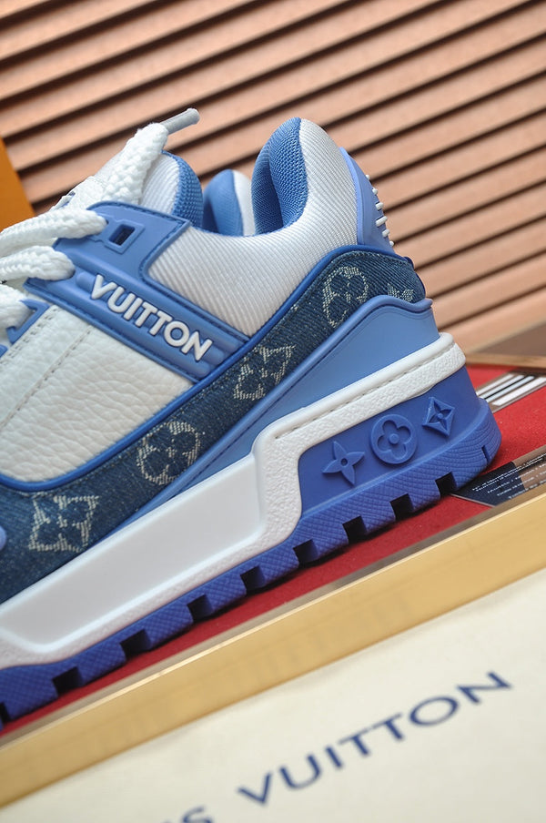LV TRAINER SNEAKER BLUE MONOGRAM DENIM AND WHITE CALFSKIN