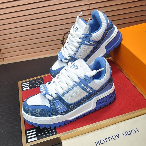 LV TRAINER SNEAKER BLUE MONOGRAM DENIM AND WHITE CALFSKIN
