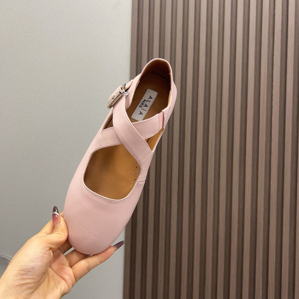 Alaila Criss Cross Ballet Flats In Light Pink Lambskin 996035