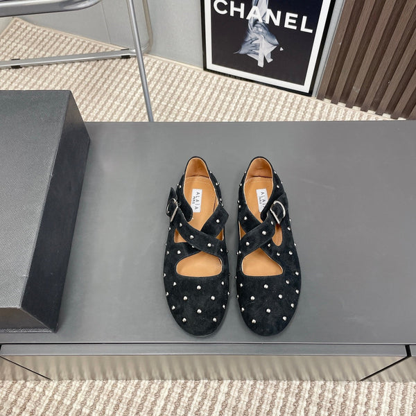 Alaia 2025 Criss Cross With Stud Ballet Flats Black Suede 293205