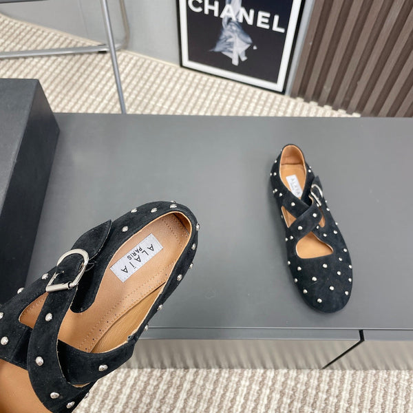 Alaia 2025 Criss Cross With Stud Ballet Flats Black Suede 293205