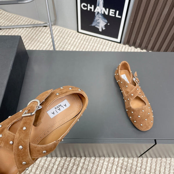 Alaia 2025 Criss Cross With Stud Ballet Flats Brown Beige Suede 293207