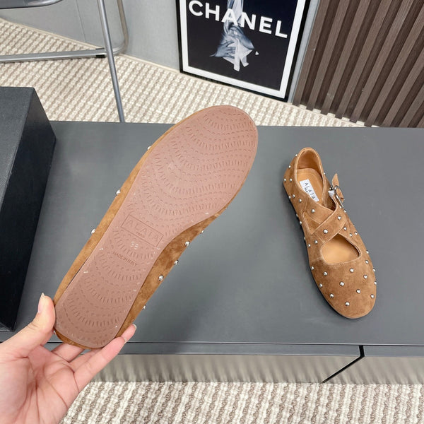 Alaia 2025 Criss Cross With Stud Ballet Flats Brown Beige Suede 293207