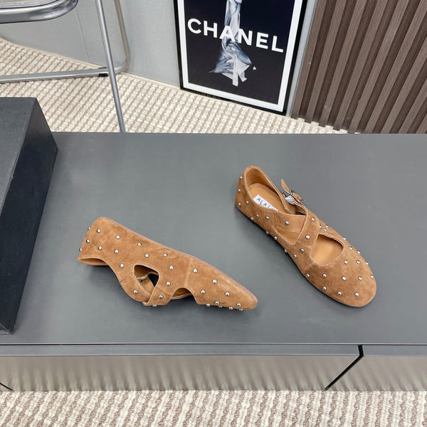 Alaia 2025 Criss Cross With Stud Ballet Flats Brown Beige Suede 293207
