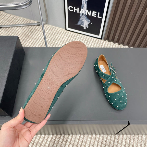 Alaia 2025 Criss Cross With Stud Ballet Flats Emerald Green Suede 293208