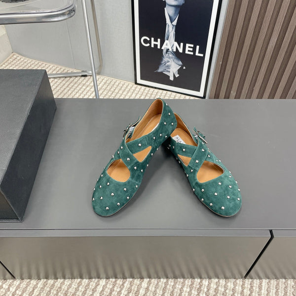 Alaia 2025 Criss Cross With Stud Ballet Flats Emerald Green Suede 293208