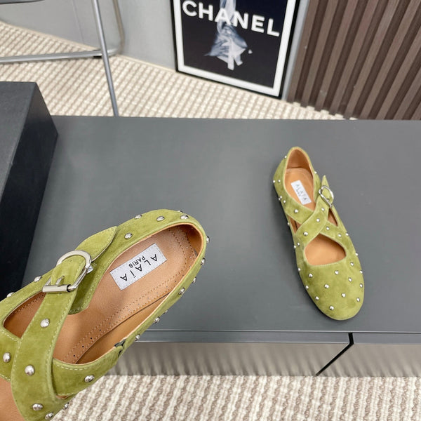 Alaia 2025 Criss Cross With Stud Ballet Flats Avocado Green Suede 293209
