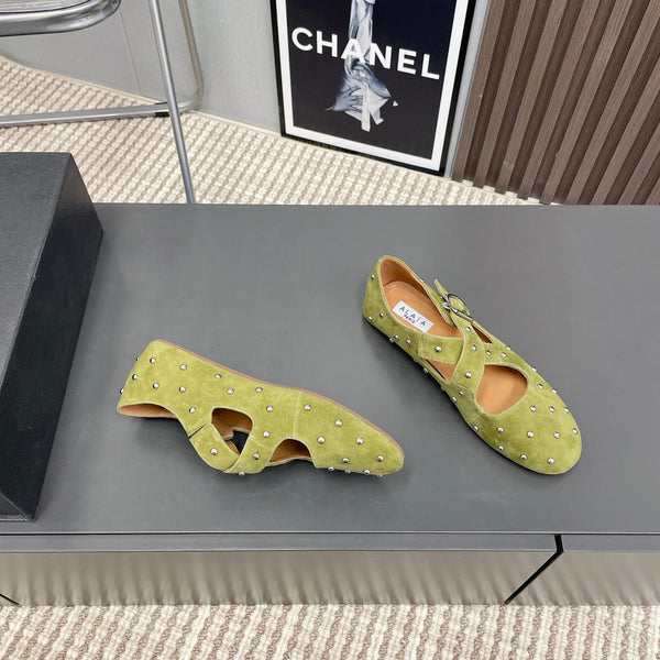 Alaia 2025 Criss Cross With Stud Ballet Flats Avocado Green Suede 293209