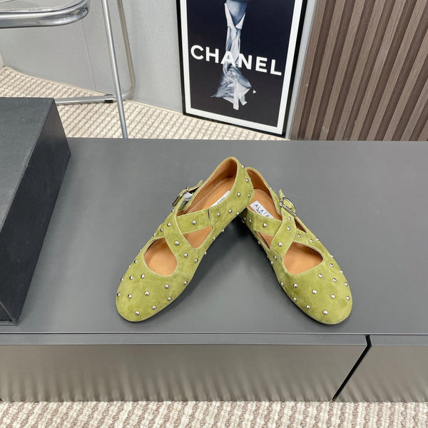 Alaia 2025 Criss Cross With Stud Ballet Flats Avocado Green Suede 293209