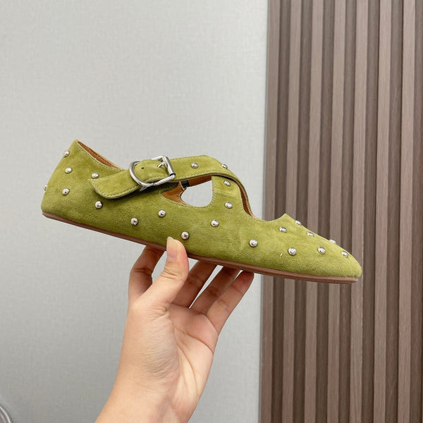 Alaia 2025 Criss Cross With Stud Ballet Flats Avocado Green Suede 293209