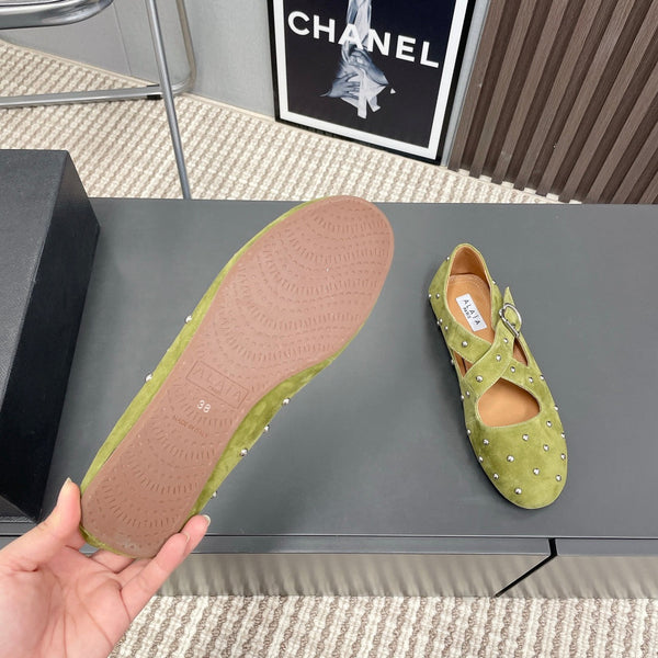 Alaia 2025 Criss Cross With Stud Ballet Flats Avocado Green Suede 293209