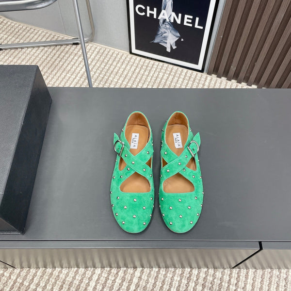 Alaia 2025 Criss Cross With Stud Ballet Flats Shamrock Green Suede 293210