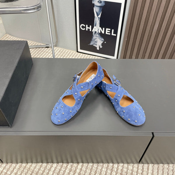 Alaia 2025 Criss Cross con borchie Ballerine in pelle scamosciata blu reale 293211