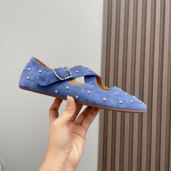 Alaia 2025 Criss Cross con borchie Ballerine in pelle scamosciata blu reale 293211