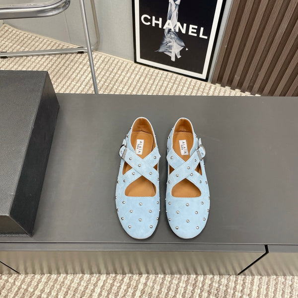 Alaia 2025 Criss Cross With Stud Ballet Flats Light Blue Suede 293212