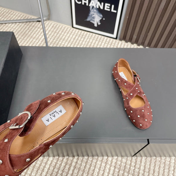 Alaia 2025 Criss Cross With Stud Ballet Flats Brown Suede 293213