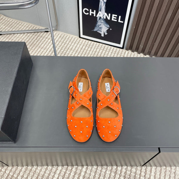 Alaia 2025 Criss Cross With Stud Ballet Flats Orange Suede 293215